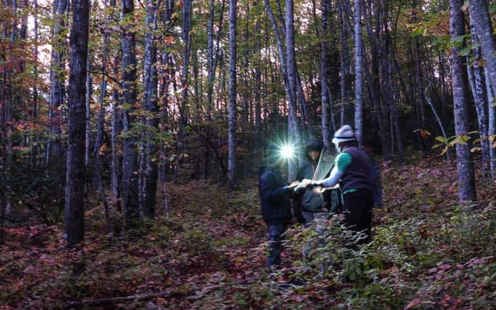 students wearing headlamps look at a map on a backpacking trip in north carolina